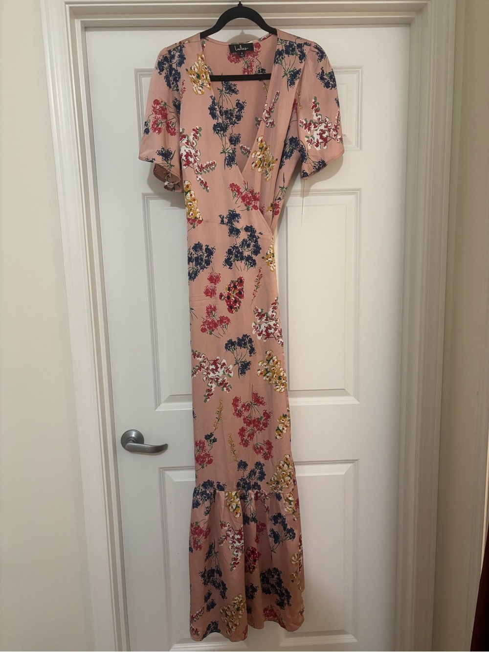 Lulu's Pink Floral Wrap Maxi Dress with Navy & Yellow Accents
